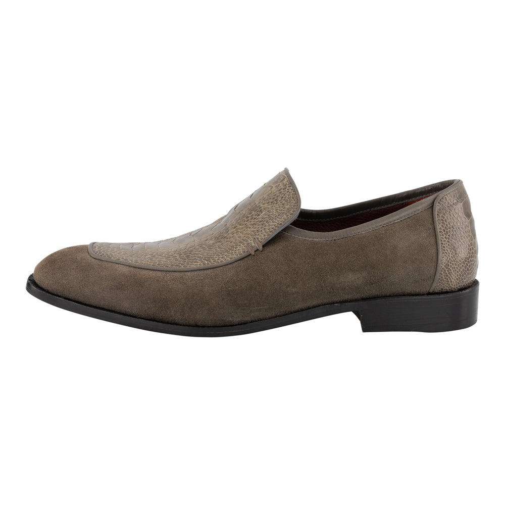 MOCASINES FRANCESES GRISES DE GAMUZA CON PIEL PATA DE AVESTRUZ GRIS (SOBRE PEDIDO)