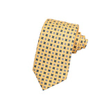 CORBATA 7 PLIEGUES EN SEDA AMARILLA CON CÍRCULOS TIPO ROSETA AZUL MARINO Y AMARILLO