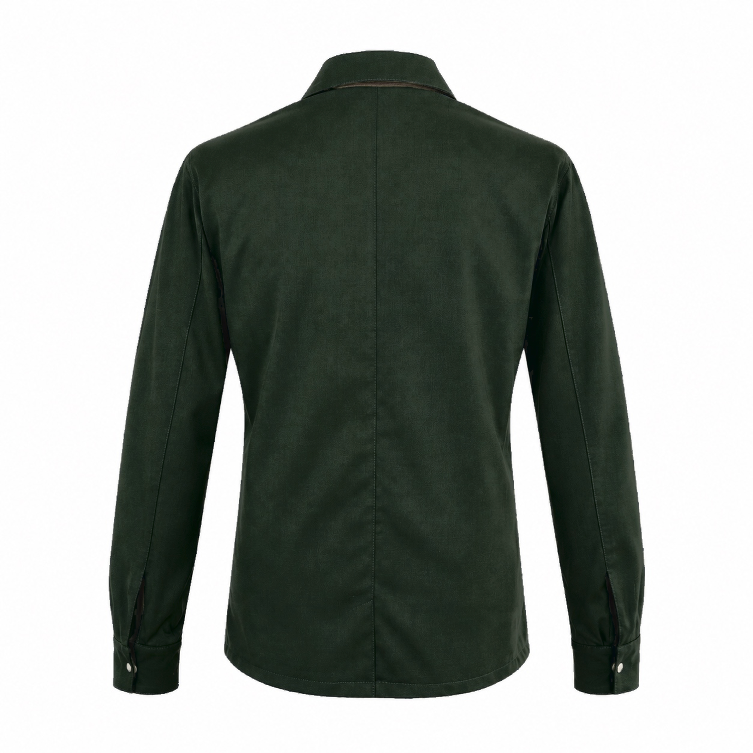 SOBRECAMISA EN LANA "WATER RESISTANT" VERDE OBSCURO CON INTERIOR EN SEDA Y APLICACIONES EN PIEL PERFORADA MARRÓN